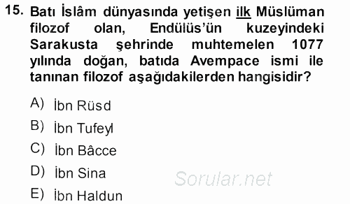 İslam Düşünce Tarihi 2013 - 2014 Ara Sınavı 15.Soru