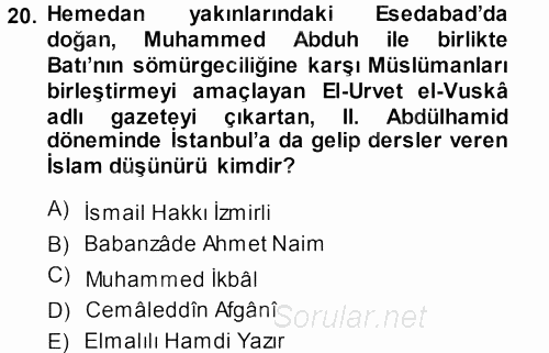 İslam Düşünce Tarihi 2013 - 2014 Ara Sınavı 20.Soru