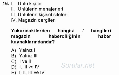 Haber Türleri 2014 - 2015 Dönem Sonu Sınavı 16.Soru
