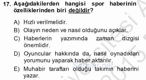 Haber Türleri 2014 - 2015 Dönem Sonu Sınavı 17.Soru