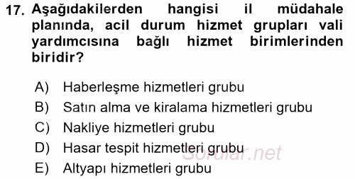 Acil Durum Bilgisi ve Yönetimine Giriş 2017 - 2018 Dönem Sonu Sınavı 17.Soru