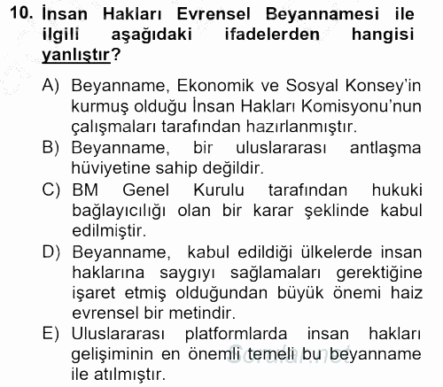 Temel İnsan Hakları Bilgisi 2 2012 - 2013 Dönem Sonu Sınavı 10.Soru