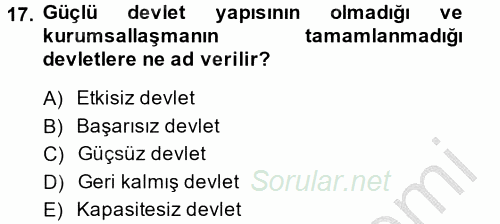 Gelişmekte Olan Ülkelerde Siyaset 2014 - 2015 Ara Sınavı 17.Soru