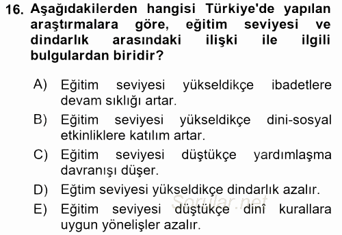 Din Psikolojisi 2017 - 2018 Ara Sınavı 16.Soru