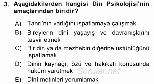 Din Psikolojisi 2017 - 2018 Ara Sınavı 3.Soru