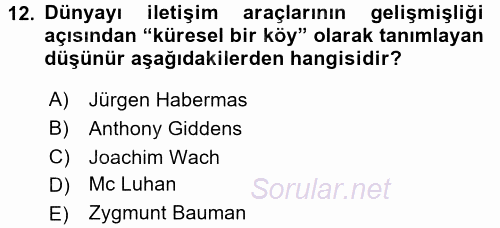 Din Sosyolojisi 2017 - 2018 Dönem Sonu Sınavı 12.Soru