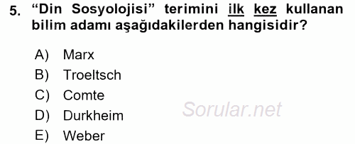 Din Sosyolojisi 2017 - 2018 Dönem Sonu Sınavı 5.Soru