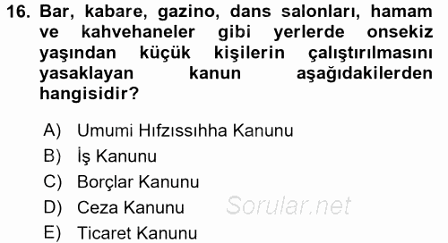 Bireysel İş Hukuku 2015 - 2016 Tek Ders Sınavı 16.Soru