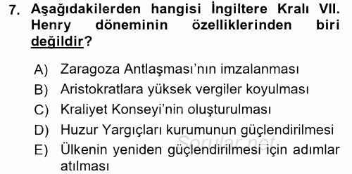 Siyasi Tarih 1 2017 - 2018 Ara Sınavı 7.Soru