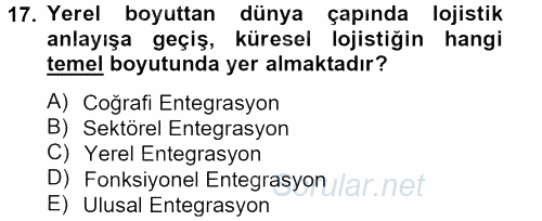 Lojistik İlkeleri 2012 - 2013 Dönem Sonu Sınavı 17.Soru