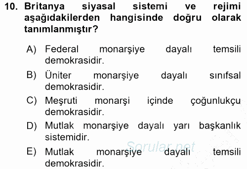 Karşılaştırmalı Siyasal Sistemler 2015 - 2016 Ara Sınavı 10.Soru