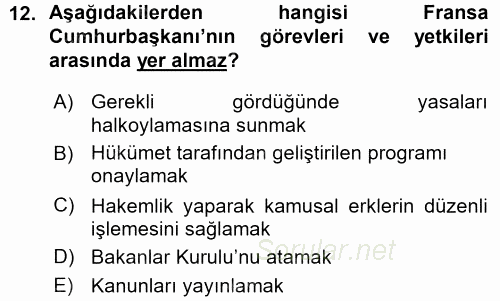 Karşılaştırmalı Siyasal Sistemler 2015 - 2016 Ara Sınavı 12.Soru