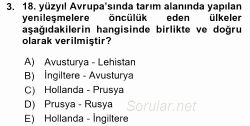 Orta Çağ-Yeni Çağ Avrupa Tarihi 2017 - 2018 Dönem Sonu Sınavı 3.Soru