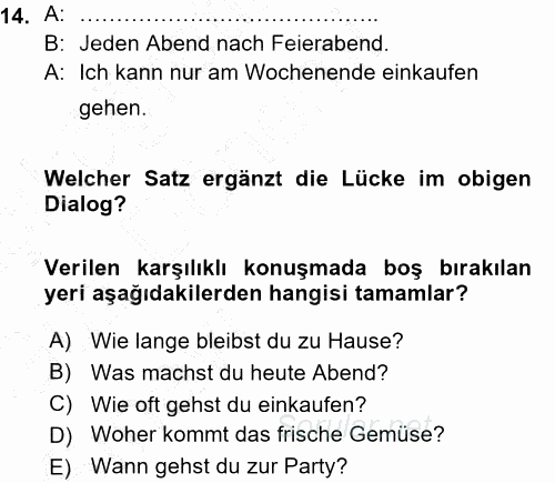 Almanca 1 2015 - 2016 Ara Sınavı 14.Soru