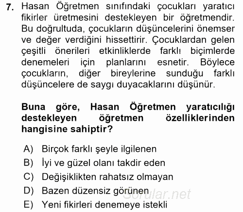 Çocukta Sanat Eğitimi Ve Yaratıcılık 2016 - 2017 Dönem Sonu Sınavı 7.Soru