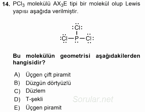 Genel Kimya 1 2017 - 2018 Dönem Sonu Sınavı 14.Soru