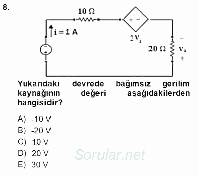 Devre Analizi 2014 - 2015 Dönem Sonu Sınavı 8.Soru