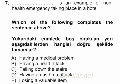 Turizm İçin 1ngilizce 1 2012 - 2013 Dönem Sonu Sınavı 17.Soru