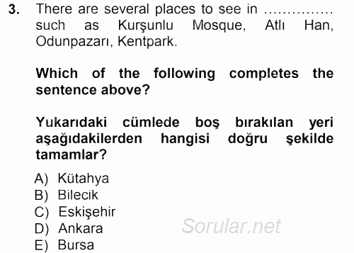 Turizm İçin 1ngilizce 1 2012 - 2013 Dönem Sonu Sınavı 3.Soru