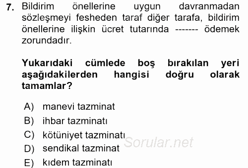 Bireysel İş Hukuku 2017 - 2018 3 Ders Sınavı 7.Soru