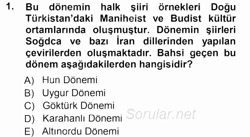 Türk Halk Şiiri 2012 - 2013 Dönem Sonu Sınavı 1.Soru