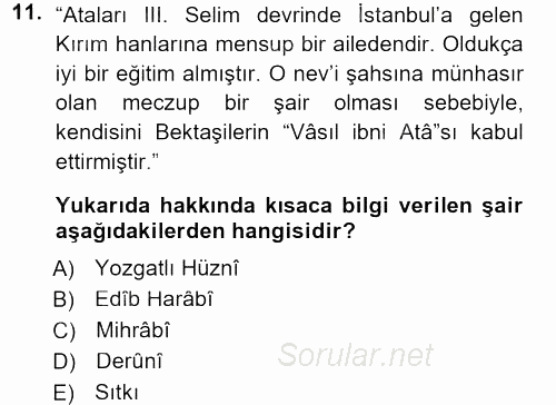 Türk Halk Şiiri 2012 - 2013 Dönem Sonu Sınavı 11.Soru