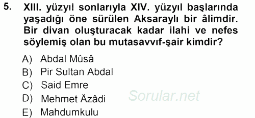 Türk Halk Şiiri 2012 - 2013 Dönem Sonu Sınavı 5.Soru