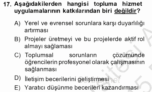 Topluma Hizmet Eğitimi 2014 - 2015 Dönem Sonu Sınavı 17.Soru