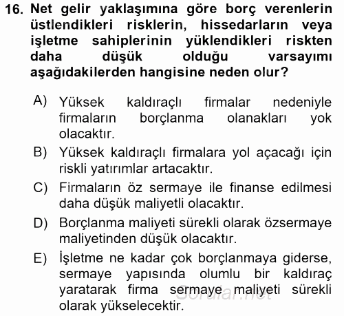 Finansal Tablolar Analizi 2015 - 2016 Dönem Sonu Sınavı 16.Soru