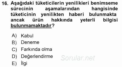 Tüketim Bilinci ve Bilinçli Tüketici 2017 - 2018 Ara Sınavı 16.Soru