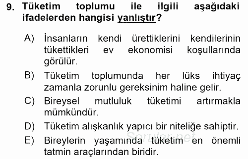Tüketim Bilinci ve Bilinçli Tüketici 2017 - 2018 Ara Sınavı 9.Soru