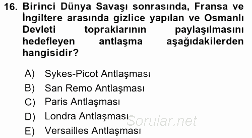 Orta Doğuda Siyaset 2016 - 2017 Dönem Sonu Sınavı 16.Soru