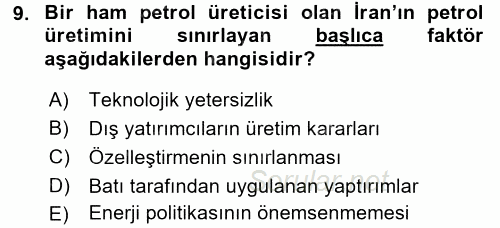 Orta Doğuda Siyaset 2016 - 2017 Dönem Sonu Sınavı 9.Soru