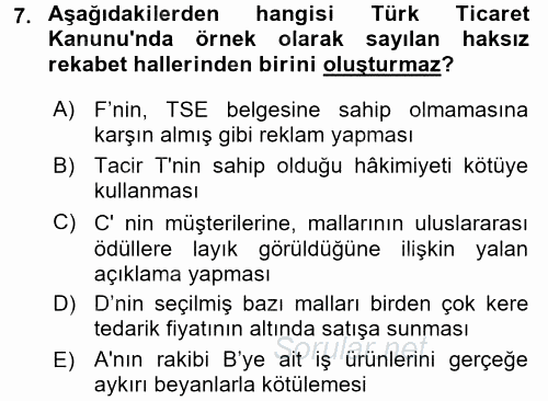 Ticaret Hukuku 2017 - 2018 Ara Sınavı 7.Soru