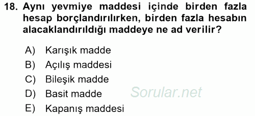 Genel Muhasebe 2015 - 2016 Dönem Sonu Sınavı 18.Soru