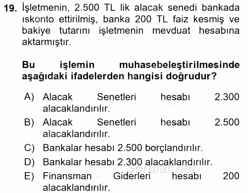 Genel Muhasebe 2015 - 2016 Dönem Sonu Sınavı 19.Soru