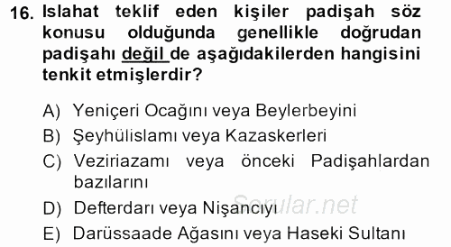 Osmanlı Merkez ve Taşra Teşkilatı 2013 - 2014 Dönem Sonu Sınavı 16.Soru