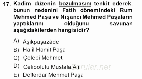 Osmanlı Merkez ve Taşra Teşkilatı 2013 - 2014 Dönem Sonu Sınavı 17.Soru