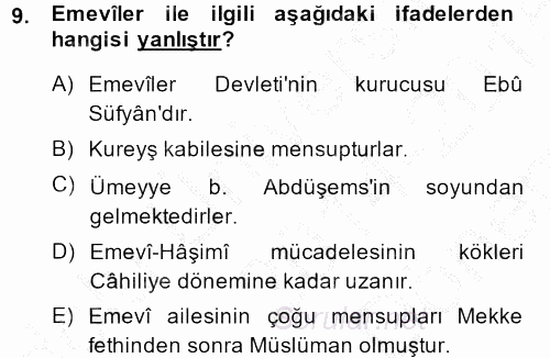 İslam Tarihi ve Medeniyeti 1 2014 - 2015 Dönem Sonu Sınavı 9.Soru