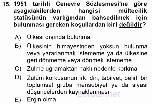 Uluslararası Hukuk 2 2015 - 2016 Tek Ders Sınavı 15.Soru