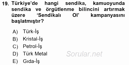 Endüstri İlişkileri 2015 - 2016 Tek Ders Sınavı 19.Soru