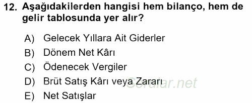 Envanter ve Bilanço 2015 - 2016 Tek Ders Sınavı 12.Soru
