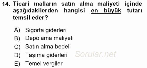 Envanter ve Bilanço 2015 - 2016 Tek Ders Sınavı 14.Soru