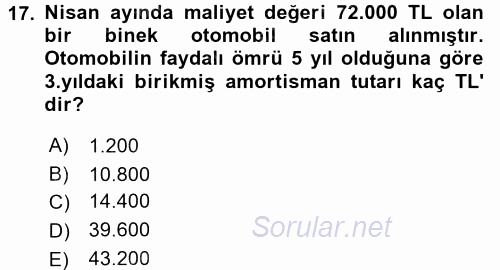 Envanter ve Bilanço 2015 - 2016 Tek Ders Sınavı 17.Soru