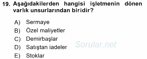 Envanter ve Bilanço 2015 - 2016 Tek Ders Sınavı 19.Soru