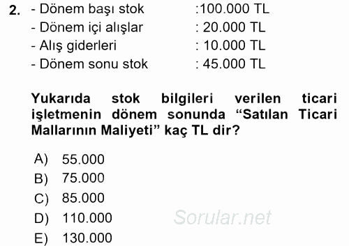 Envanter ve Bilanço 2015 - 2016 Tek Ders Sınavı 2.Soru