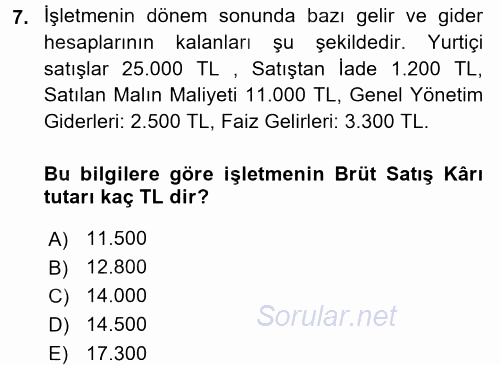 Envanter ve Bilanço 2015 - 2016 Tek Ders Sınavı 7.Soru