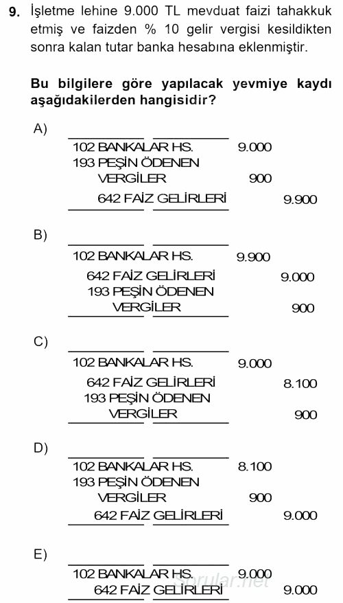 Envanter ve Bilanço 2015 - 2016 Tek Ders Sınavı 9.Soru