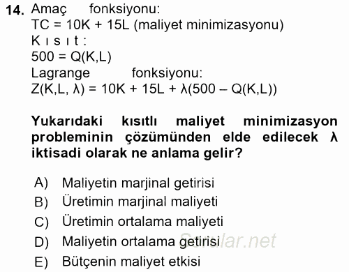 Matematiksel İktisat 2015 - 2016 Dönem Sonu Sınavı 14.Soru