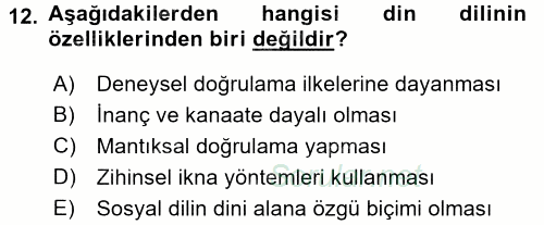 Din Eğitimi Ve Din Hizmetlerinde Rehberlik 2016 - 2017 3 Ders Sınavı 12.Soru